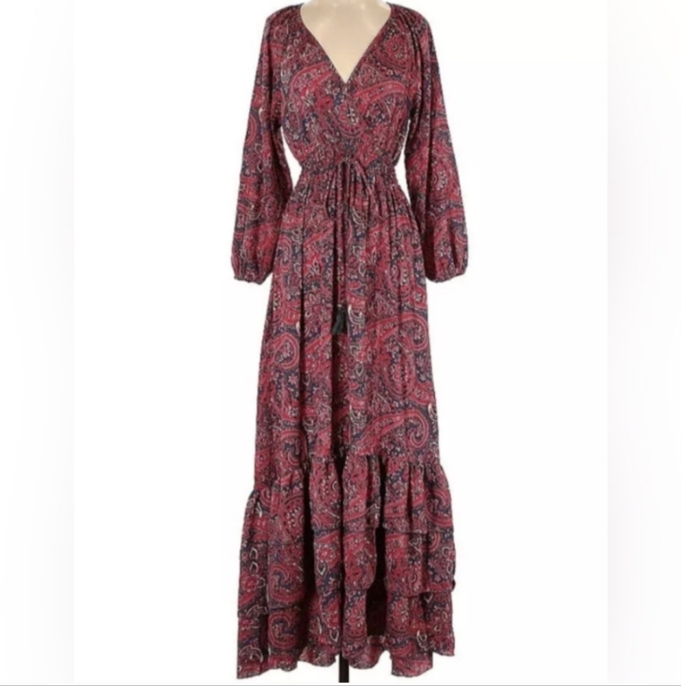 Anthropologie Red Paisley Long Sleeve Maxi Dress